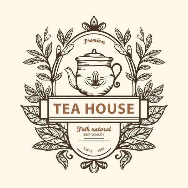 Σχεδιασμός Χειροποίητο Λογότυπο Τσάι Φύλλα Τσαγιού Και Τσαγιέρα Εικονογράφηση Vintage — Διανυσματικό Αρχείο