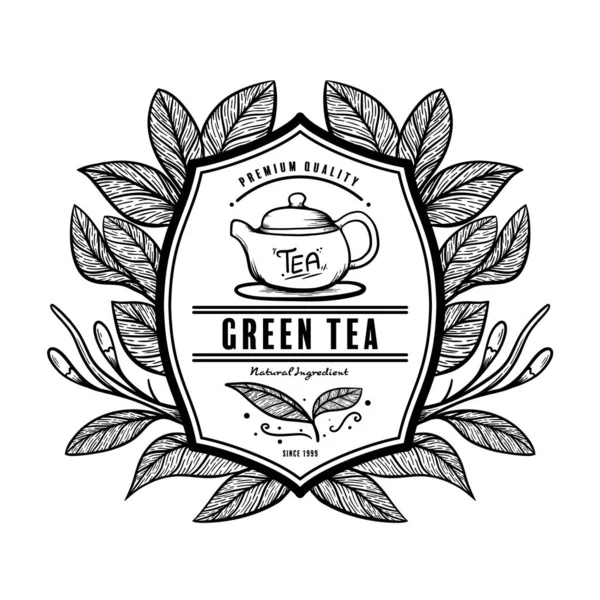 Met Hand Getekend Silhouet Groene Thee Logo Ontwerp Met Illustratie — Stockvector