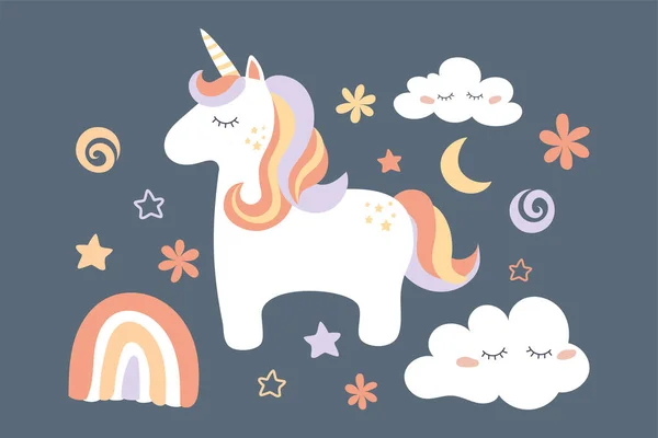 Magico Unicorno Carino Con Nuvole Stelle Arcobaleno Vivaio Arte Doodle — Vettoriale Stock
