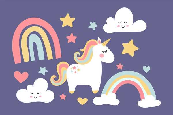 Magico Unicorno Carino Con Nuvole Stelle Arcobaleno Vivaio Arte Doodle — Vettoriale Stock