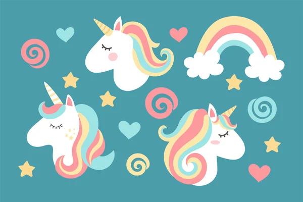 Mágico Unicornio Lindo Con Nubes Estrellas Arco Iris Vivero Arte Ilustración De Stock