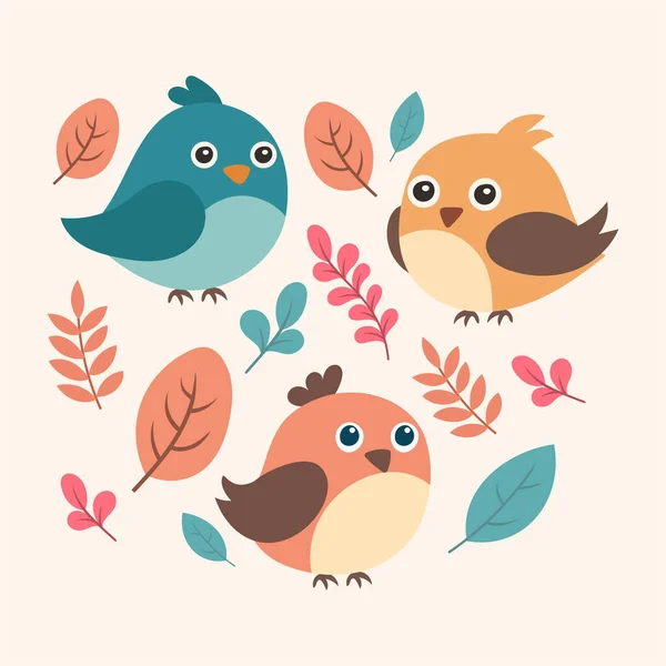 Set Cute Vector Birds Flowers Leaves Cartoon Illustration Childish Style — Stock Vector