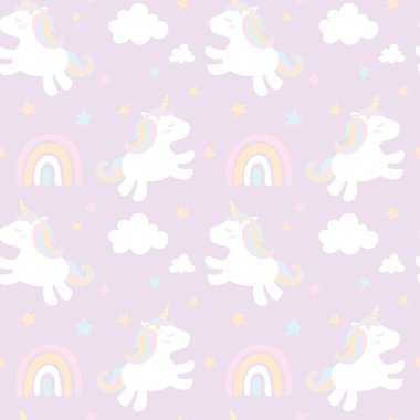 Sevimli tek boynuzlu atlar, bulutlar, yıldızlar ve gökkuşaklarıyla çocuksu, kusursuz bir desen..
