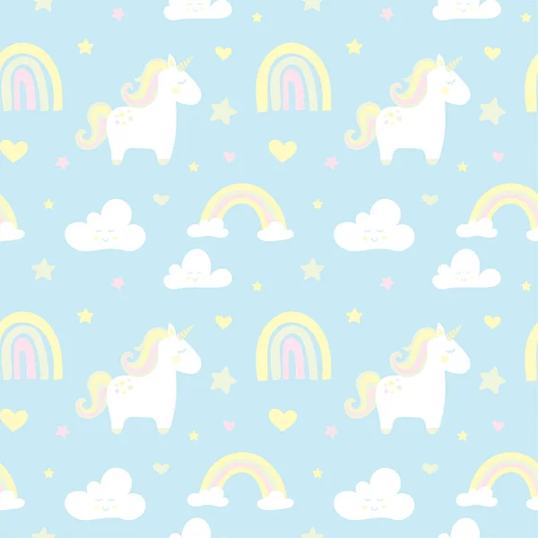 Modello Senza Cuciture Infantile Con Simpatici Unicorni Nuvole Stelle Arcobaleni — Vettoriale Stock