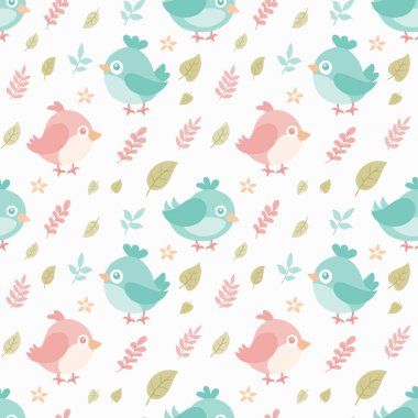 Yaprakları ve çiçekleri olan çocuksu kuşların kusursuz çizimleri.