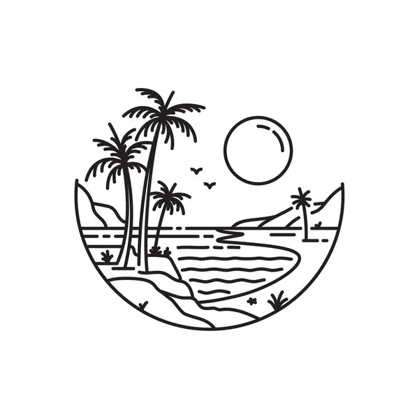 Praia Com Palmeiras Ilha Tropical Monoline Design Ilustração Vetorial —  Vetores de Stock