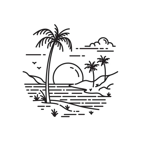 Tropisch Strand Met Prachtig Uitzicht Bij Zonsondergang Lijn Kunst Stijl — Stockvector