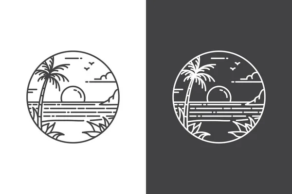 Linha Arte Tropical Ilha Praia Oceano Mar Para Turismo Logotipo — Vetor de Stock