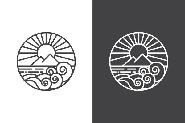 Кругові Океанські Хвилі Логотип Лінії Мистецтва Сонячним Світлом Горою Посеред — стоковий вектор