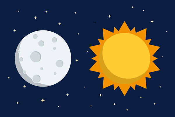 Sun and full moon flat style design vector illustration on outer space background