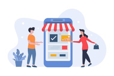 Çevrimiçi alışveriş konsepti, kredi kartıyla nakit ödeme, vektör düz çizim