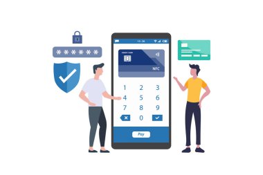 Güvenli ödeme kavramına sahip iki adamın vektör çizimi. Kredi kartı, kalkan, asma kilit, şifre ve akıllı telefon