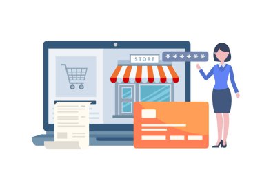 Kredi kartı kullanan bir kadın, çevrimiçi alışveriş konseptini, açık dizüstü bilgisayarı ve online dükkanı olan güvenli bir şekilde kullanıyor.