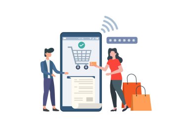 Kadın ve erkek kredi kartıyla online alışveriş yapıyor. Temassız ödeme konsepti vektör çizimi