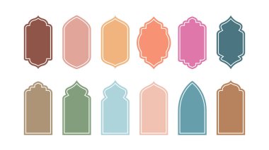 Doğu tarzı İslami pencere ve kemer koleksiyonu modern boho tasarımları, cami kubbeleri ve fenerlerle