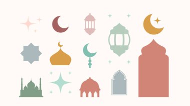 Ramazan Kareem ve Bayram Mübarek 'in doğu tarzında elementlerin toplanması. İslami pencereler, kemerler, yıldızlar ve ay, cami kapıları, cami kubbeleri ve fenerler.