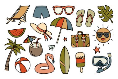 Plaj ve yaz el resimleri koleksiyonu arasında sandalye, güneş gözlüğü, şapka, bavul, sörf tahtası, flamingo, palmiye ağacı, plaj topu, parmak arası terlik, güneş gözlüğü yer alıyor.