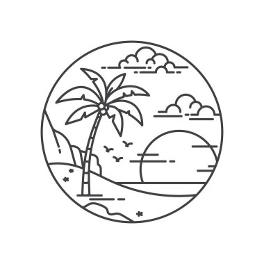 Palmiye ağaçları ve günbatımı yaz çizgisi sanatı. Sakin ve rahatlatıcı bir atmosferi var.