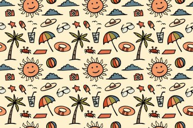 Gülen güneş ve şemsiyeler, güneş gözlükleri ve plaj topları gibi çeşitli plaj aksesuarlarıyla donanımsız yaz deseni.