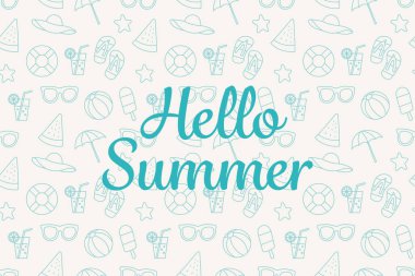 Merhaba, şemsiye, güneş gözlüğü ve top gibi çeşitli plaj aksesuarları olan kusursuz yaz desenleri. Görüntüdeki mavi ve beyaz renk düzeni neşeli bir izlenim veriyor.