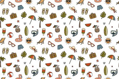 Palmiye ağaçları, güneş gözlükleri ve plaj şemsiyeleri de dahil olmak üzere rengarenk plaj eşyalarının kusursuz desenleri..