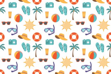 Düz dizaynlı, palmiye ağaçları, güneş gözlükleri ve kameralı, pürüzsüz yaz deseni..