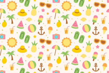 Yaz temalı kusursuz arkaplan. Güneş gözlüğü, şemsiye ve içecek gibi çeşitli nesnelere sahip renkli plaj unsurları.