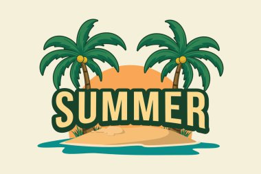 Palmiye ağaçları ve günbatımı arka planıyla tropik bir ada. 