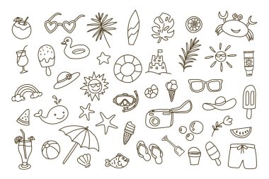 Plaj ve yaz temalı karalama tasarımı. Görüntüler arasında güneş gözlüğü, şemsiye ve plaj topu gibi nesneler yer alıyor..