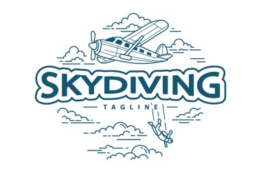 Bir hava dalıcısını bulutlu bir uçaktan atlarken ve bir baloncukta paraşütle atlarken gösteren bir çizgi sanat logosu..