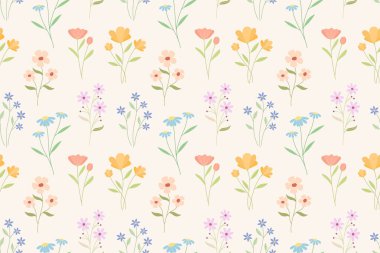 Beyaz arka planda çeşitli pastel renkli kır çiçeklerinin yinelenen bir deseni.