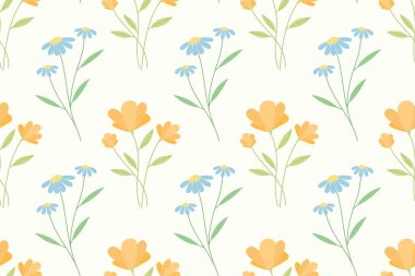 Beyaz arka planda yeşil yapraklı, stilize turuncu ve mavi çiçekleri içeren yinelenen bir desen.