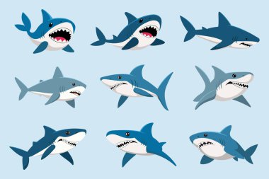 A cartoon illustration depicting nine sharks in various poses against a light blue background. clipart