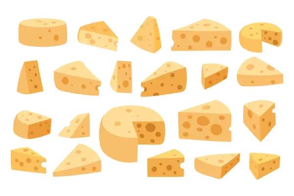 Çeşitli şekillerde ve boyutlarda peynir parçalarını gösteren karikatür çizimleri..