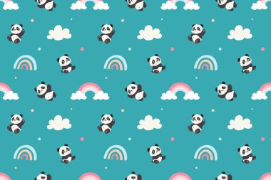 A repeating pattern featuring cute panda bears, rainbows, and clouds on a teal background. clipart