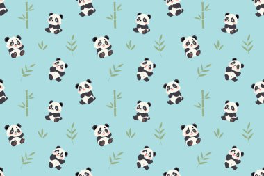 A repeating pattern featuring cute cartoon pandas and bamboo plants on a light blue background. clipart