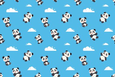 A repeating pattern featuring cute cartoon pandas joyfully floating among white clouds against a light blue sky. clipart