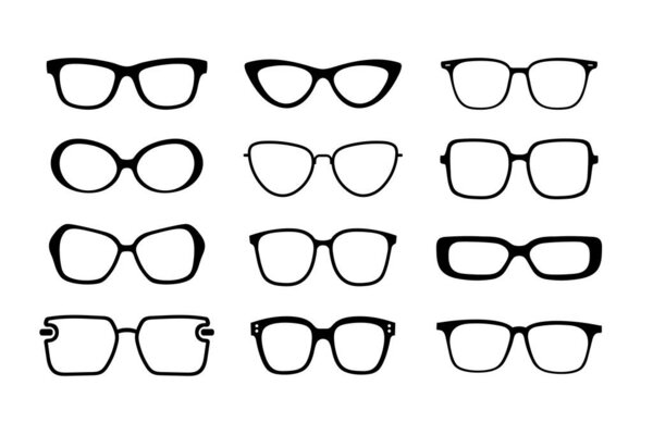 Коллекция из двенадцати различных стилей рамок очков, изображаемых как простые черные контуры.