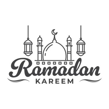 Tarzlı bir grafik tasarımı, bir cami ve asılı fenerlerle Ramazan Kareem 'i tasvir ediyor..