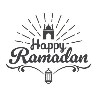 Bir cami, fener ve hat sanatının yer aldığı şenlikli bir Ramazan kutlama tasarımı.