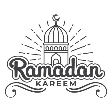 Ramazan Kareem ve stilize bir cami kubbesinin yer aldığı, İslam kutsal ayını simgeleyen bir grafik tasarımı..
