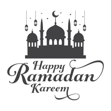 Basit bir grafik tasarımı, içinde fenerler ve yıldızların asılı olduğu bir camii tasvir ediyor. Mutlu Ramazan Kareem kutlamaları..