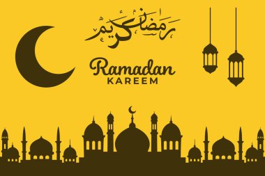 Ramazan Kareem 'de bir cami silueti, hilal ayı ve sarı arka plana fener asılması yer alıyor..