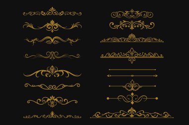Image displays multiple elegant golden ornate divider designs on a dark black background for decoration.