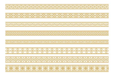 Tasarım elementleri için uygun, beyaz bir arkaplan karşısında altın tonlarında tekrarlayan desenler içeren dekoratif kenarlıklar kümesi.