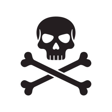 Katı siyah kafatası ve çapraz kemikler, beyaz arka planda izole edilmiş. Tasarım basit, düz ve kolayca tanınabilir..