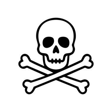 Bir kafatası ve çapraz kemik tasarımı, beyaz arka planda siyah bir kafatası..