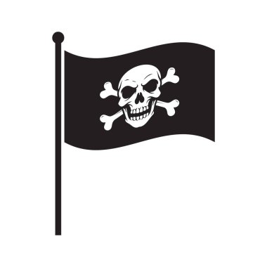 Siyah bayrak, beyaz arka planda beyaz bir kafatası ve çapraz kemikler sergiliyor. Basit, klasik bir korsan bayrağı grafiği.