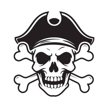 Korsan şapkası ve çapraz kemikleri olan stilize kafatası tasarımı, bir ya da amblem için ideal..
