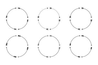 Altı dairesel ok akış dizaynı, hareketi ve yönü gösteriyor, minimal siyah beyaz çizilmiş..